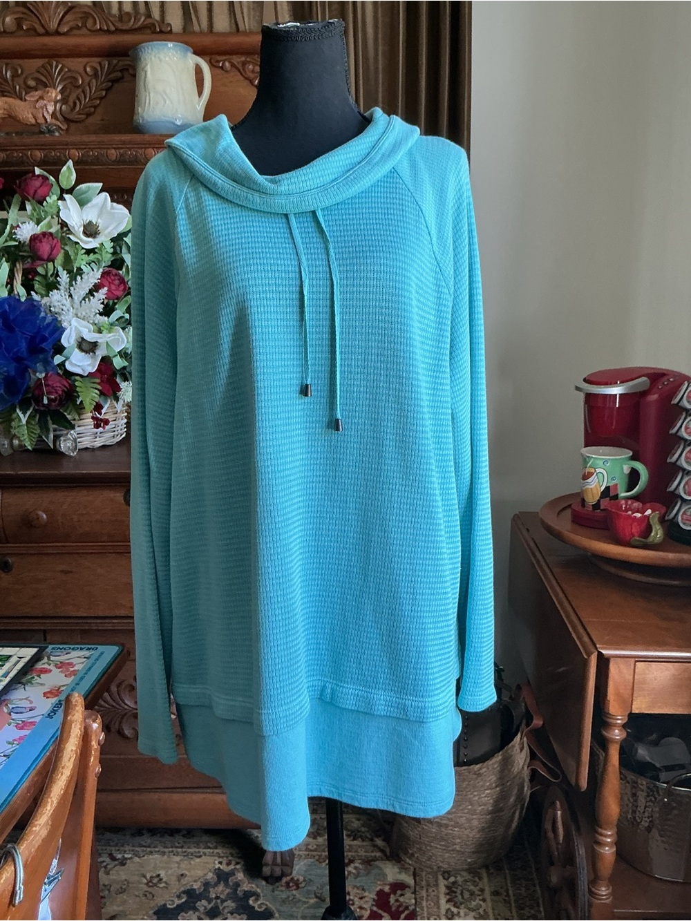 J. Jill Aqua Waffle Knit Cowl Neck Pullover